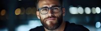 Confident bearded man in glasses smiling at night with bokeh lights in background, expressing positive attitude and modern professional lifestyle.