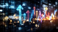 Digital financial chart with glowing arrows trending upward against blurred urban background, representing market growth and economic success in modern business.