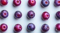 Fresh ripe plums arranged in rows on white background, showing natural color variation from deep purple to bright red. Organic fruit pattern layout.
