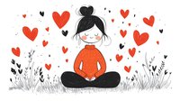 Peaceful pregnant woman in lotus position surrounded by red hearts and grass silhouettes, minimalist black and white illustration with red accents.