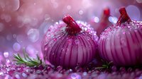 Red onion bulbs with water drops on purple bokeh background, fresh organic produce macro photography with rosemary herb garnish, soft dreamy food composition.
