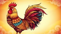 Colorful rooster with vibrant plumage and ornate feathers on warm gradient background for decorative design projects and artistic applications.