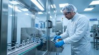 Professional scientist in sterile laboratory environment conducting pharmaceutical research with advanced equipment and safety protocols.