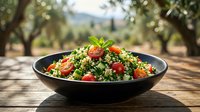 Tabbouleh salad with fresh parsley, tomatoes, and bulgur wheat served in black bowl on wooden table in olive grove setting.