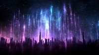 Futuristic cityscape silhouette with glowing vertical light beams in purple and blue colors against starry night sky, creating magical urban atmosphere.