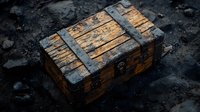 Weathered wooden treasure chest with metal bands on dark rocky ground, dramatic lighting highlights aged texture and mysterious atmosphere for adventure designs.