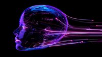 Glowing neon profile of human head with streaming digital lines in purple and blue colors against black background, representing artificial intelligence and technology.