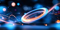 Glowing spiral light trails with bokeh effects on dark blue background create dynamic motion and energy in abstract cosmic composition.