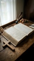 Open Bible with handwritten notes on a rustic wooden desk, wooden cross, quill pen, ink, dried flowers, and glasses in soft window light.