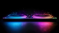 Glowing neon DJ turntable deck with vibrant blue and pink light effects against dark background, modern music equipment with colorful reflection.