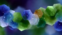 Colorful hexagonal shapes in blue and green tones with glowing effects and sparkles floating on dark background create abstract geometric composition.