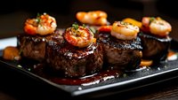 Grilled beef tenderloin medallions topped with seared jumbo shrimp, garnished with fresh herbs and served in rich wine reduction sauce on black plate.