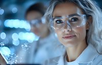 Young female scientist in protective eyewear examining glowing data visualization with blue bokeh background. Laboratory research and innovation concept.