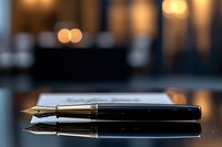 Elegant fountain pen with gold nib lying on reflective glass surface against blurred warm bokeh background, creating luxurious atmosphere for business and writing concepts.