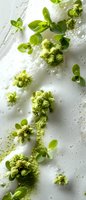 Fresh green matcha powder scattered with succulent leaves and bubbles on white background, creating artistic food composition for culinary and wellness designs.