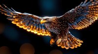 Majestic eagle with glowing golden wings spreads against dark background, dramatic lighting creates mystical atmosphere in wildlife photography.