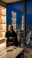 Middle-aged woman in professional black attire sitting in modern high-rise apartment overlooking illuminated cityscape at night, suitable for corporate, lifestyle, and business concepts.