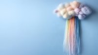 Fluffy cotton cloud with flowing rainbow strands against light blue background creates dreamy, whimsical wall art composition for nursery or children room decor.