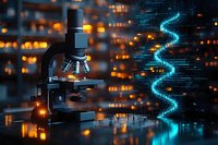 Microscope with glowing DNA helix hologram in dark laboratory setting against blurred city lights background creates futuristic scientific atmosphere.
