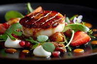 Seared scallop on elegant plate with fresh greens, strawberry slices, pomegranate seeds, and creamy sauce dots, showcasing gourmet fine dining presentation.