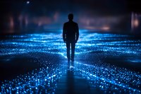 Silhouette of man walking on glowing blue illuminated surface with magical sparkle effect, creating mysterious atmospheric night scene with bokeh lights.