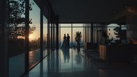 Modern glass house interior with silhouettes of couple at sunset, contemporary architecture with floor-to-ceiling windows and reflective surfaces.