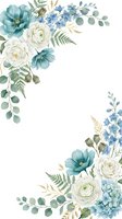 Watercolor floral frame with teal poppies, white ranunculus, blue hydrangeas and eucalyptus leaves isolated on white background for wedding invitations.