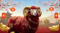 Festive ram with golden horns in traditional red ornate clothing surrounded by cherry blossoms, lanterns and gold ingots for lunar new year celebration.