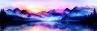 Panoramic mountain landscape with colorful sunset sky reflecting in calm lake waters, surrounded by misty pine forest silhouettes in dreamy watercolor style.