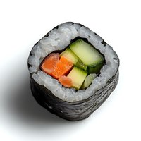 Fresh sushi roll with salmon and cucumber wrapped in nori seaweed and white rice, isolated on white background with soft shadow.
