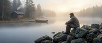 Man sitting on rocky shore contemplating misty lake at sunrise with cabin and boat in background creating peaceful wilderness atmosphere.