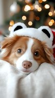 Adorable Australian Shepherd puppy wearing panda costume with Christmas tree bokeh lights in background for holiday pet photography and seasonal greeting cards.