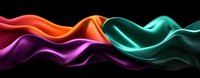 Vibrant flowing silk fabric waves in purple, orange and turquoise colors on black background create dynamic abstract composition with smooth curves and folds.