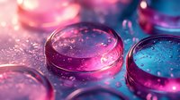 Macro photography of water drops with pink and blue gradient lighting effects creating abstract artistic composition with bokeh background and reflections.