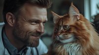 Caucasian bearded man in business attire smiling at ginger Maine Coon cat. Close up portrait showing bond between pet owner and fluffy feline companion.
