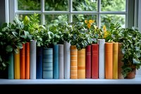 Colorful hardcover books arranged on windowsill with potted green plants and yellow flowers creating cozy home library atmosphere, natural daylight through window panes.