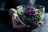 Microscopic view of coronavirus cell in glass bowl held by hand against dark background, detailed scientific visualization with protein spikes and molecular structure.