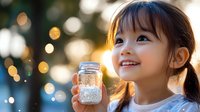 Young Asian girl holding illuminated mason jar with fairy lights at dusk, magical bokeh background creates dreamy atmosphere. Childhood wonder captured in golden hour.