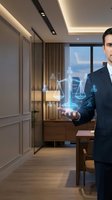 Professional businessman holding holographic justice scales with digital icons in modern office interior for legal technology and law firm concepts.