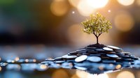 Small tree growing on stack of silver coins against blurred golden bokeh background symbolizing financial growth, investment success and wealth prosperity.