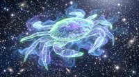 Glowing neon crab with translucent body in cosmic space surrounded by stars, featuring vibrant blue, purple, and green colors for sci-fi and fantasy designs.