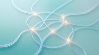 Abstract turquoise flowing waves with glowing light nodes connected by luminous lines, creating an interconnected network pattern on gradient background.