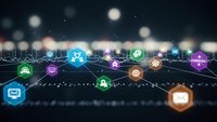 Digital network with glowing social media and communication icons connected by data streams against dark technology background for business concepts.