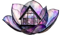 Mystical lotus flower with glass house inside, featuring translucent purple and blue petals with watercolor effects. Dreamy architectural concept art for meditation spaces.