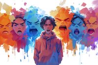 Young Asian man in hoodie surrounded by emotional expressions showing range of anger and screaming faces in vibrant watercolor splash effect background.