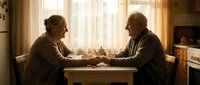 Elderly couple holding hands across kitchen table in warm sunlit home interior showing love, companionship and lifelong partnership in golden years.