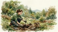 Young man planting tree sapling in forest landscape with gardening tools, environmental conservation and reforestation concept for Earth Day campaigns.