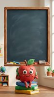 Cheerful red apple character with big eyes sitting on colorful stacked books below wooden-framed chalkboard with chalk marks, educational classroom setting with globe and potted plants.