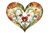 Ornate heart shape filled with delicate floral scrollwork in watercolor style, featuring warm autumn tones and nested red hearts at center. Romantic folk art design.
