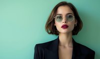 Young Asian woman wearing round glasses and red lipstick against mint green wall. Professional portrait featuring black blazer and confident pose. Modern fashion concept.